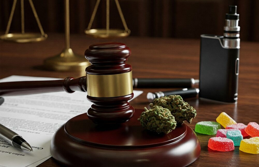 judge gavel next to hhc legal gummies flower and vape