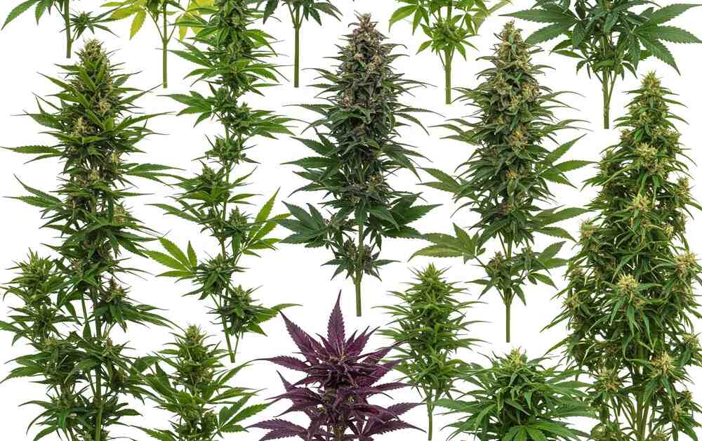 various types of cannabis plants arranged in an array